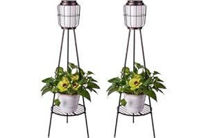 COZY-PAVILION Metal Solar Floor lamp Outdoor Waterproof Plant Stand Outside Lamps for Porch Solar Patio Lights Garden Stands for Plants Outdoor (2 Pack, Bronze)…