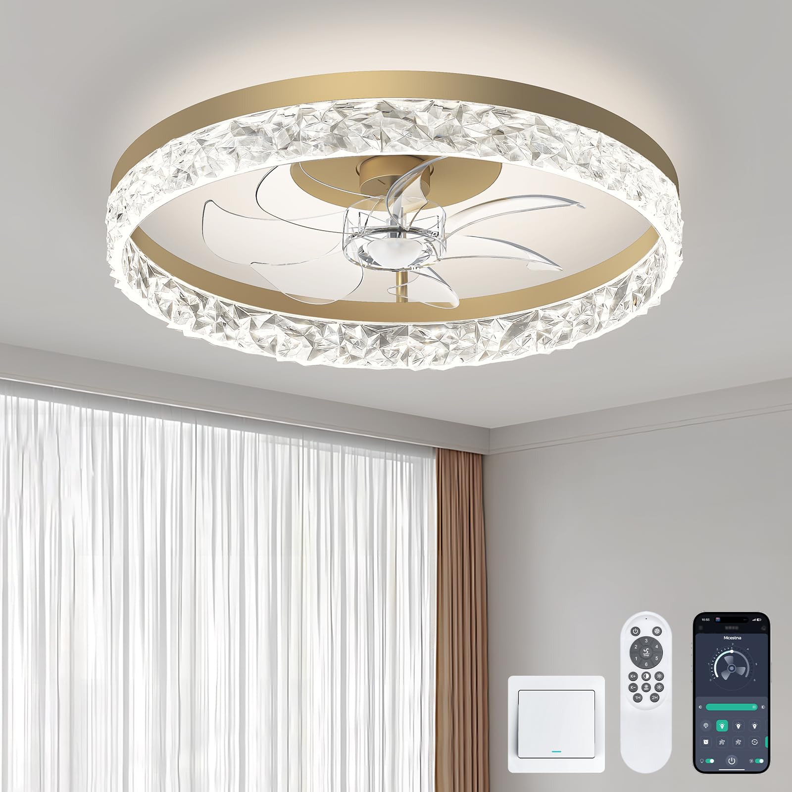 Mcestna Flush Mount Golden Ceiling Fans with Lights