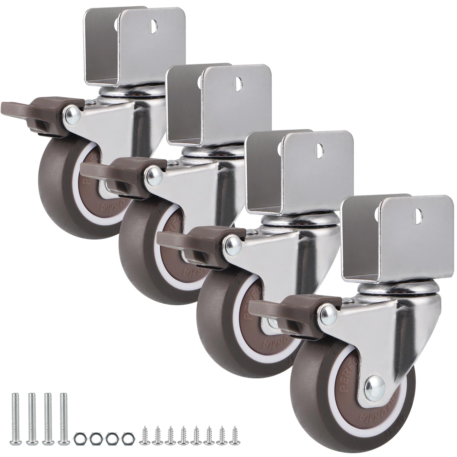 Skelang 4Pcs Swivel Castor, 50mm Silent Wheel with U-Shaped Plate, TPE Caster for Plant Stand, Cabinet, Crib, Total Load Capacity 108kg