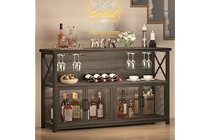 LVB Wine Bar Cabinet, Industrial Coffee Bar Cabinet for Liquor and Glasses, Modern Sideboard Buffet with Storage Rack, Rustic Liquor Home Bar for Kitchen Dining Living Room, Dark Gray Oak, 47 Inch