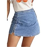 WDIRARA Women's Ruched Split Mini Denim Skirt High Waisted Jean Skirts