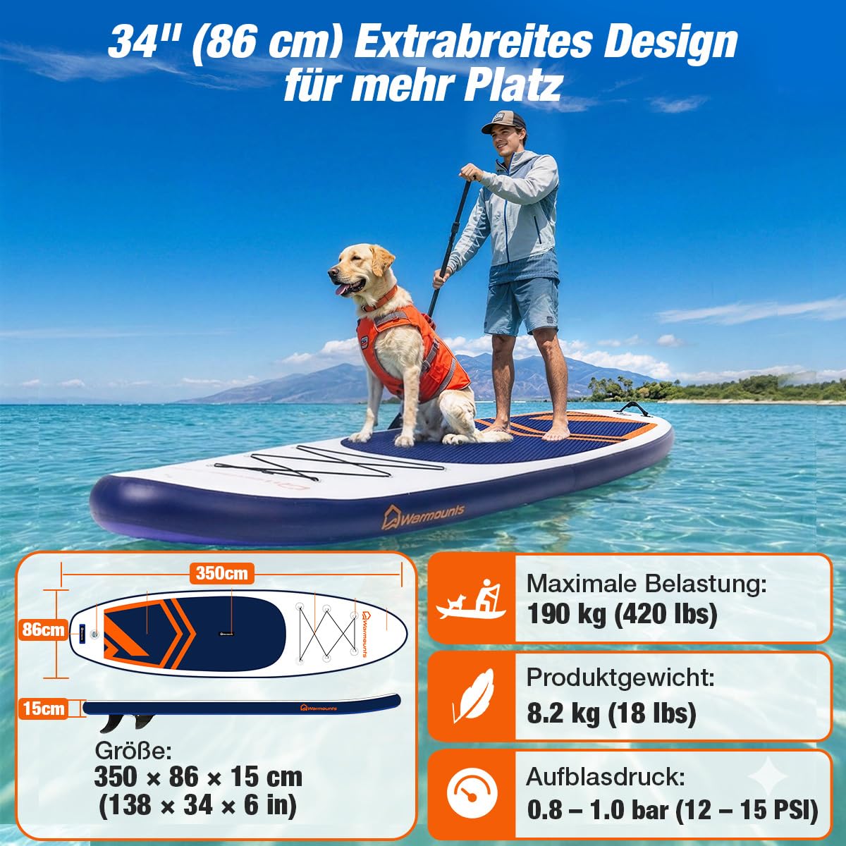 Warmounts 350cm Aufblasbares SUP Board, 86cm Breit Stand Up Paddle für Anfänger & Erwachsene, Allround Paddleboard mit Verstellbarem Paddel, Kamerahalterung, Pumpe und Rucksack, 190 kg 2