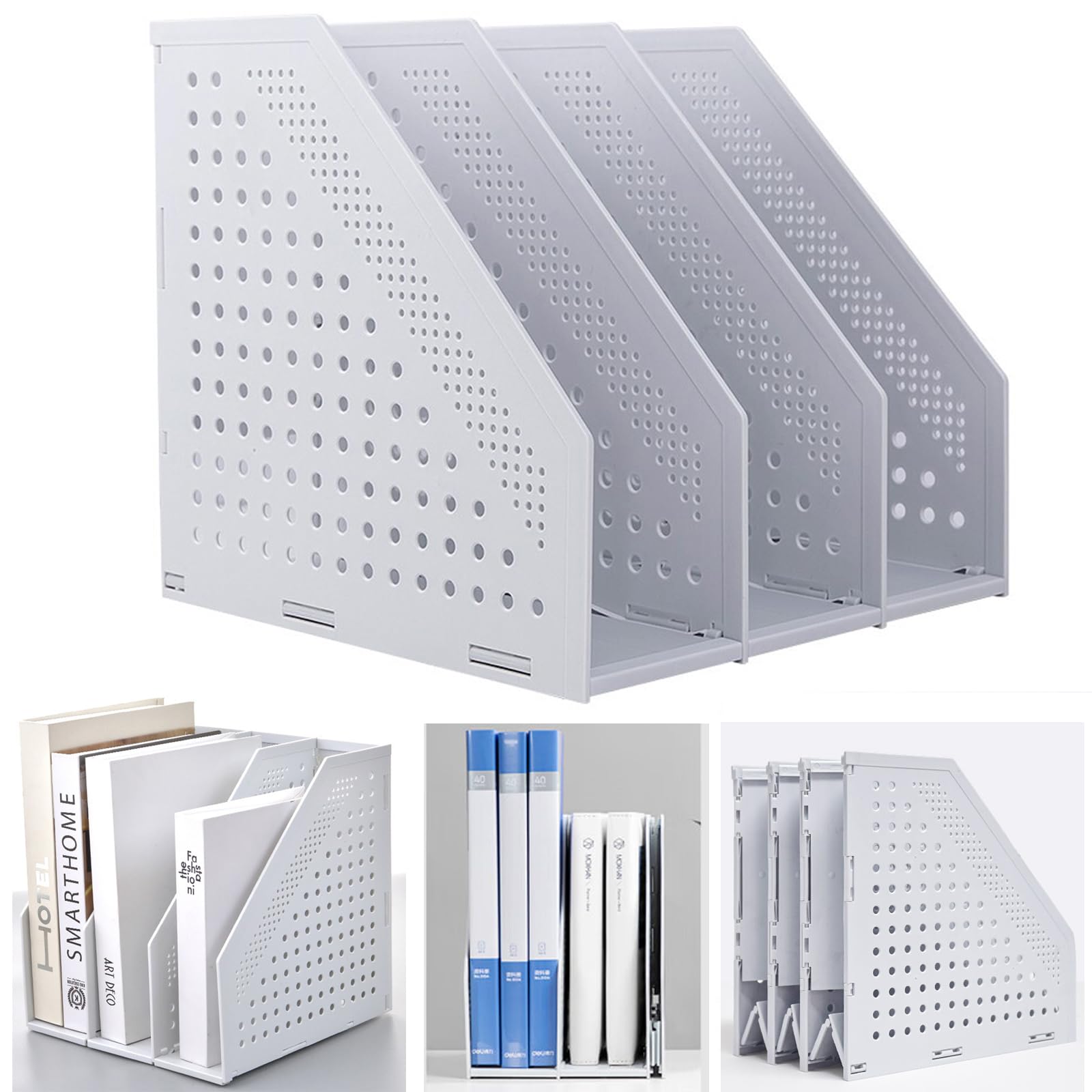 Marte Vanci Collapsible Magazine File Holder Desktop Book Organiser Lever Arch File Storage Folder Document Rack Divider Adjustable for Office School Desk Shelves 3 Compartment (Light Grey)