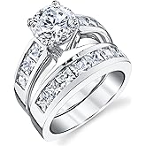 Bonndorf 2 Carats Sterling Silver Bridal Set Cubic Zirconia Engagement Wedding Ring Bands with Round and Princess Cut