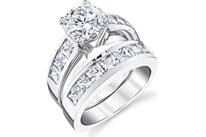 BONNDORF 2 Carats Sterling Silver Bridal Set Cubic Zirconia Engagement Wedding Ring Bands with Round and Princess Cut