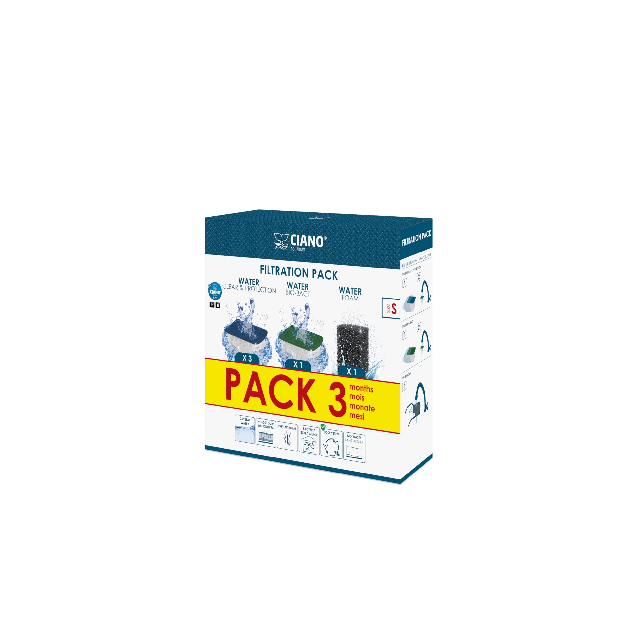 CIANO, Aquarium Consumables – Replacement Filter Cartridges for Aquarium Filter – Pack 3 Months, Size S – Crystal Water for Fish, Impurity-Free and Odourless – Effective Cleaning