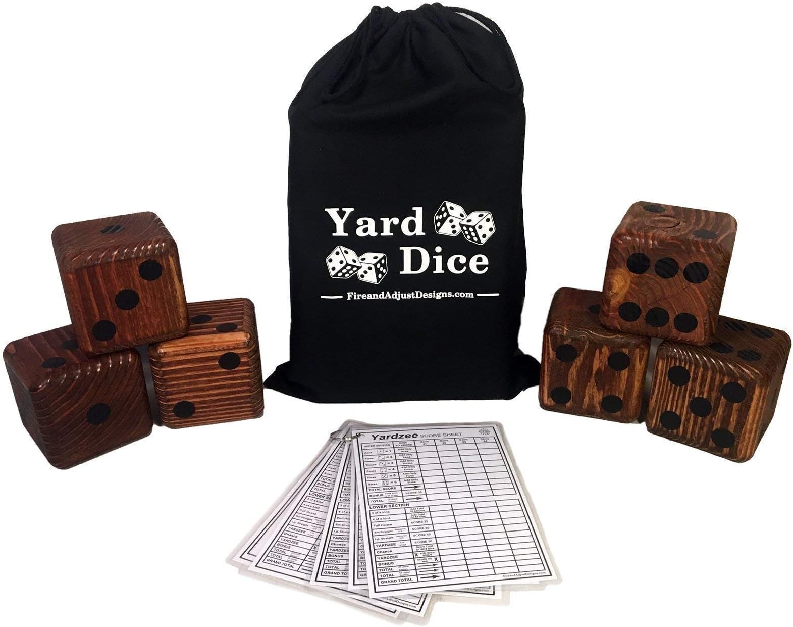 Yard Dice Giant Wooden Yard Game, 6 Solid 3.5" Wood Dice, Storage Bag, 5PK 5"x7" Yardzee and Yarkle Dry Erase Score cards - Jumbo Yard Games Great for Weddings, family reunions, Backyard BBQs and more
