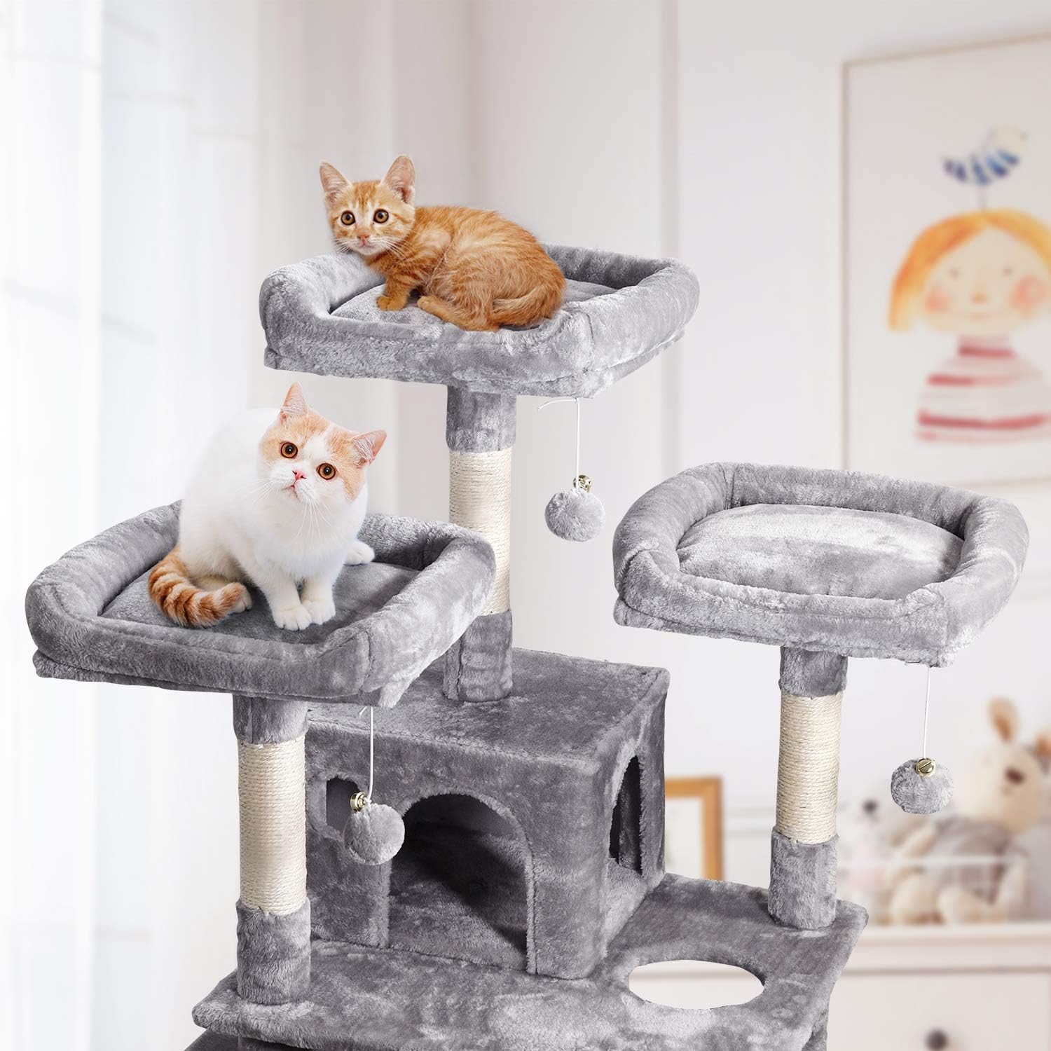 MQ Multi-Level Cat Tree, Activity Center Cat Tower Furniture 67" with Sisal-Covered Scratching Posts 3Pcs Padded Plush Perches Dual Condo & Basket Removable Hammock for Adult Large Small Cats (Gray) : Pet Supplies
