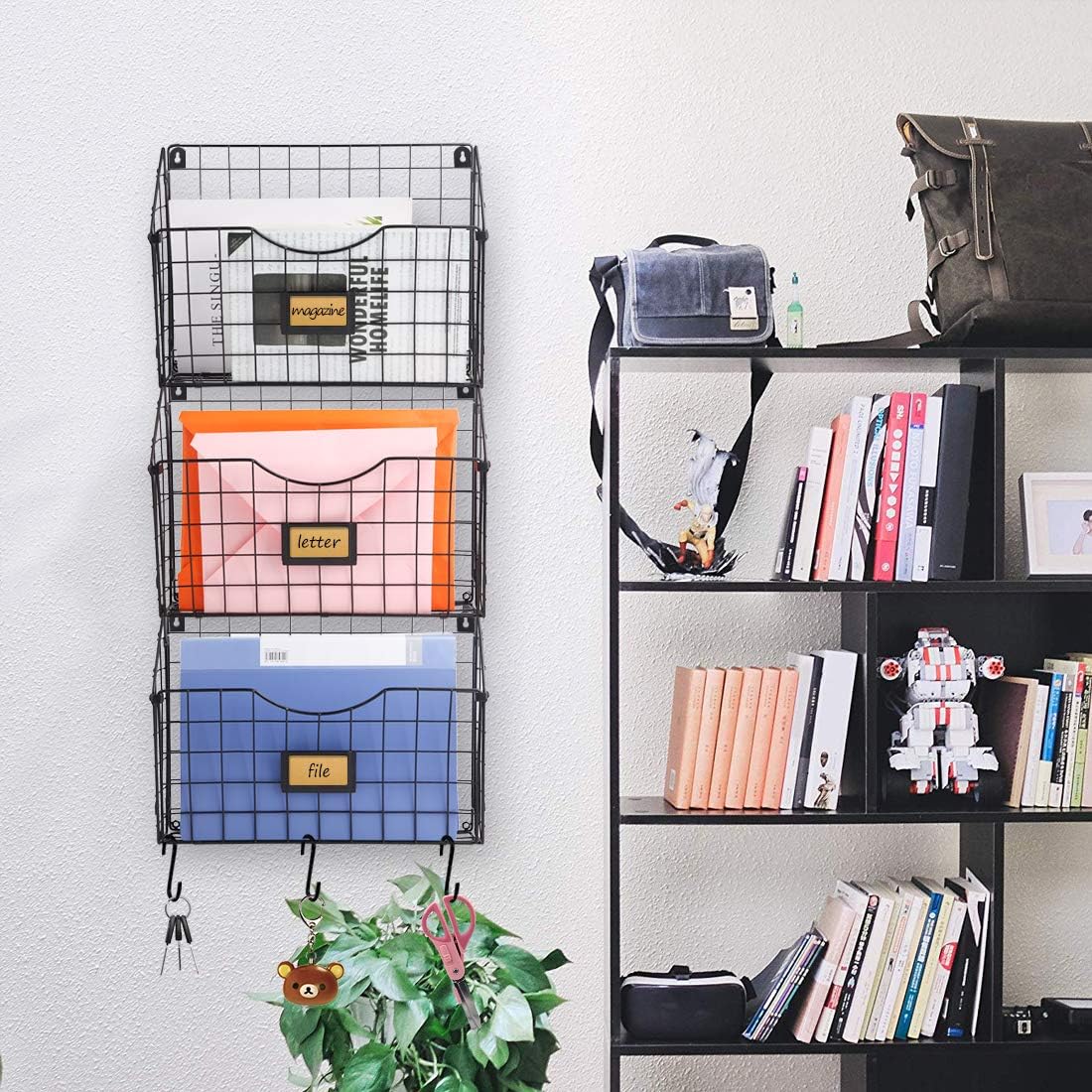 Stackable Hanging Wall Files Rack with 9pcs S Shape Hooks, 3-Tier Metal Folder Wall File Holder with Tag Slot Mounts on Wall and Door for Office, Home, and Work Easy Organizing, Black(Patent Pending) : Office Products