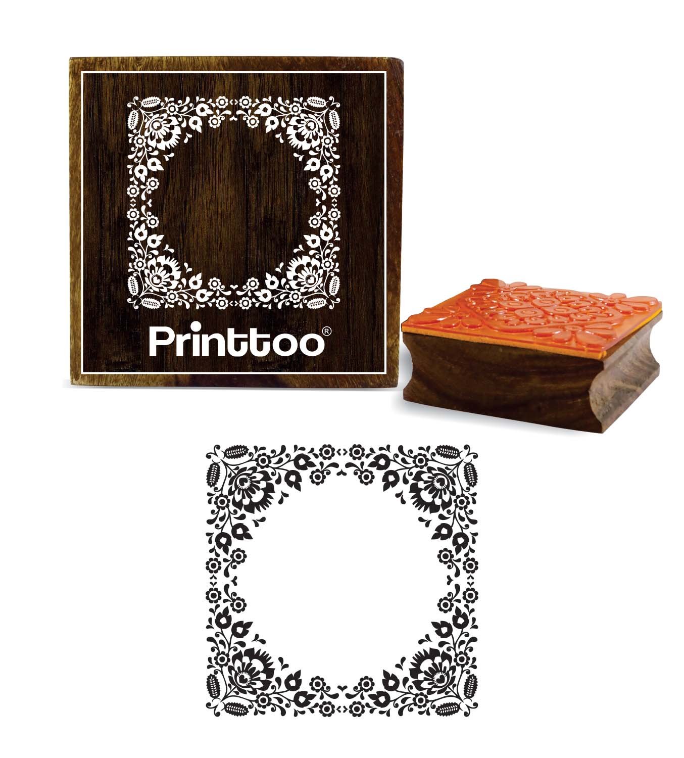 Printtoo Wooden Square Rubber DIY Stamp Flower Border Pattern Craft Textile-4 x 4 Inches