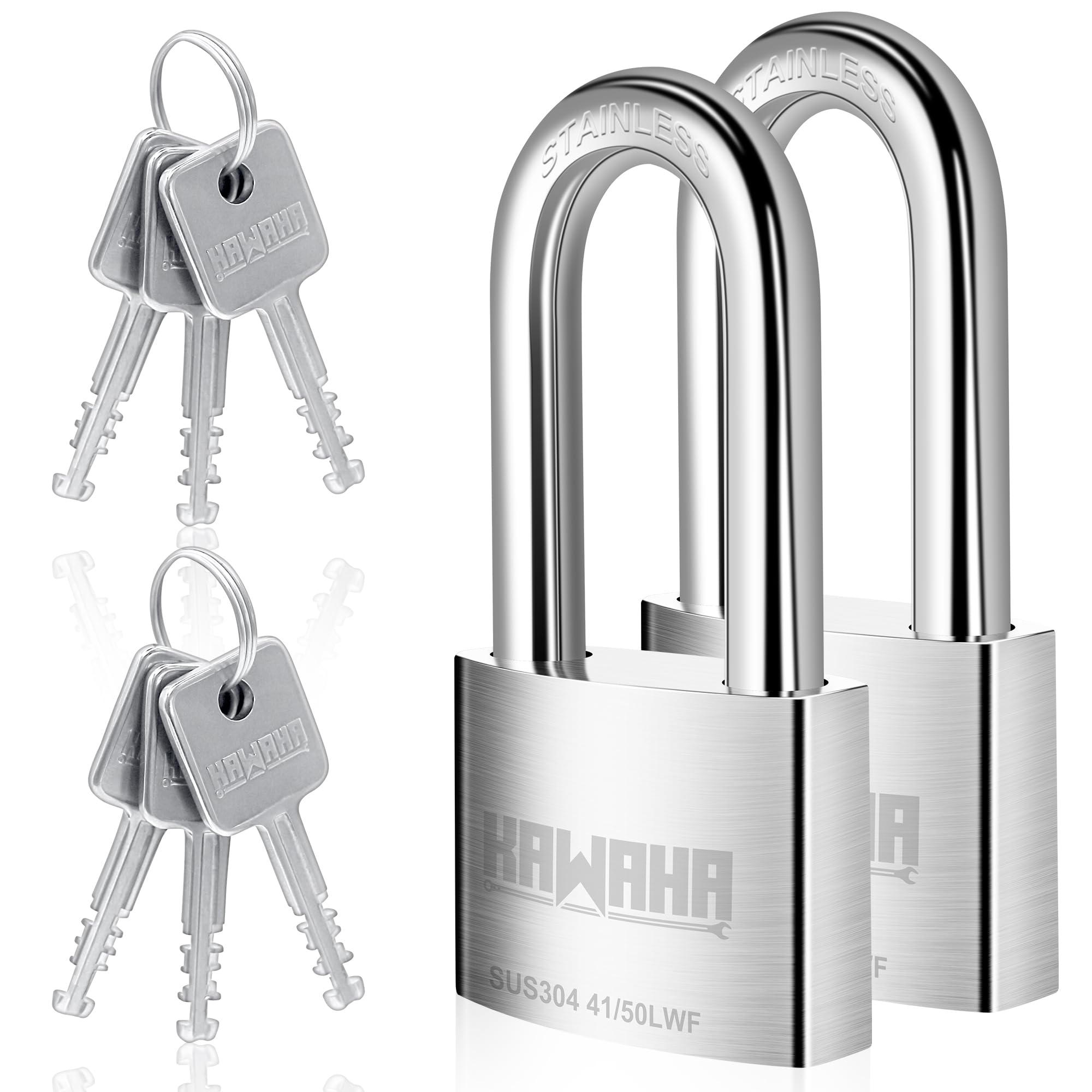 KAWAHA 41/50L-2PS 2 inch (50mm) Long Shackle High Security Stainless Steel Padlock with Stainless Steel Key for Both Indoor and Outdoor use (Heavy Duty, Anti-Rust) (50mm, Keyed Alike L - 2 Pack)