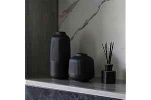 Black Ceramic Vase Set 2 Decorative, Modern Ribbed Vases for Pampas Grass, Flowers Vases Home Decor in Nordic Style, Boho Vas