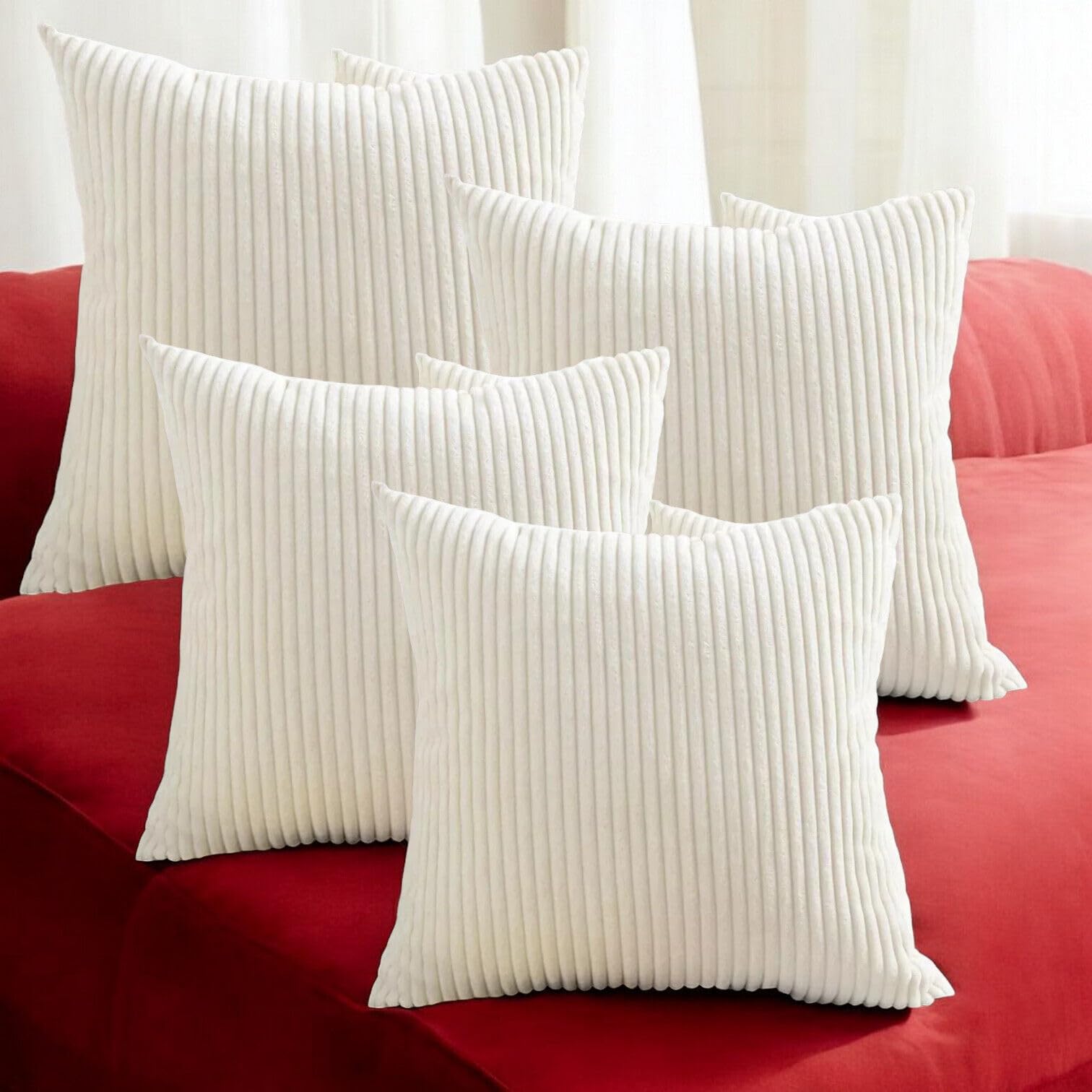 Seechoo Corduroy Cushion Covers, Set of 4, 40 x 40 cm, Plain Soft Striped, Assorted Colours (Cream)