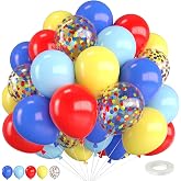 Red Blue Yellow Balloons,12 Inch Maca Blue Navy Red Yellow Balloons and Colorful Confetti Balloon with Ribbon,for Birthday Baby Shower Theme Party Decorations
