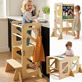 Toddler Kitchen Stool, 4 in 1 Foldable Toddler Tower with Anti-tip Structure, Montessori Learning Standing Tower for Kitchen Counter &amp; Bathroom Sink, Kitchen Stool Helper for Kids 18M+