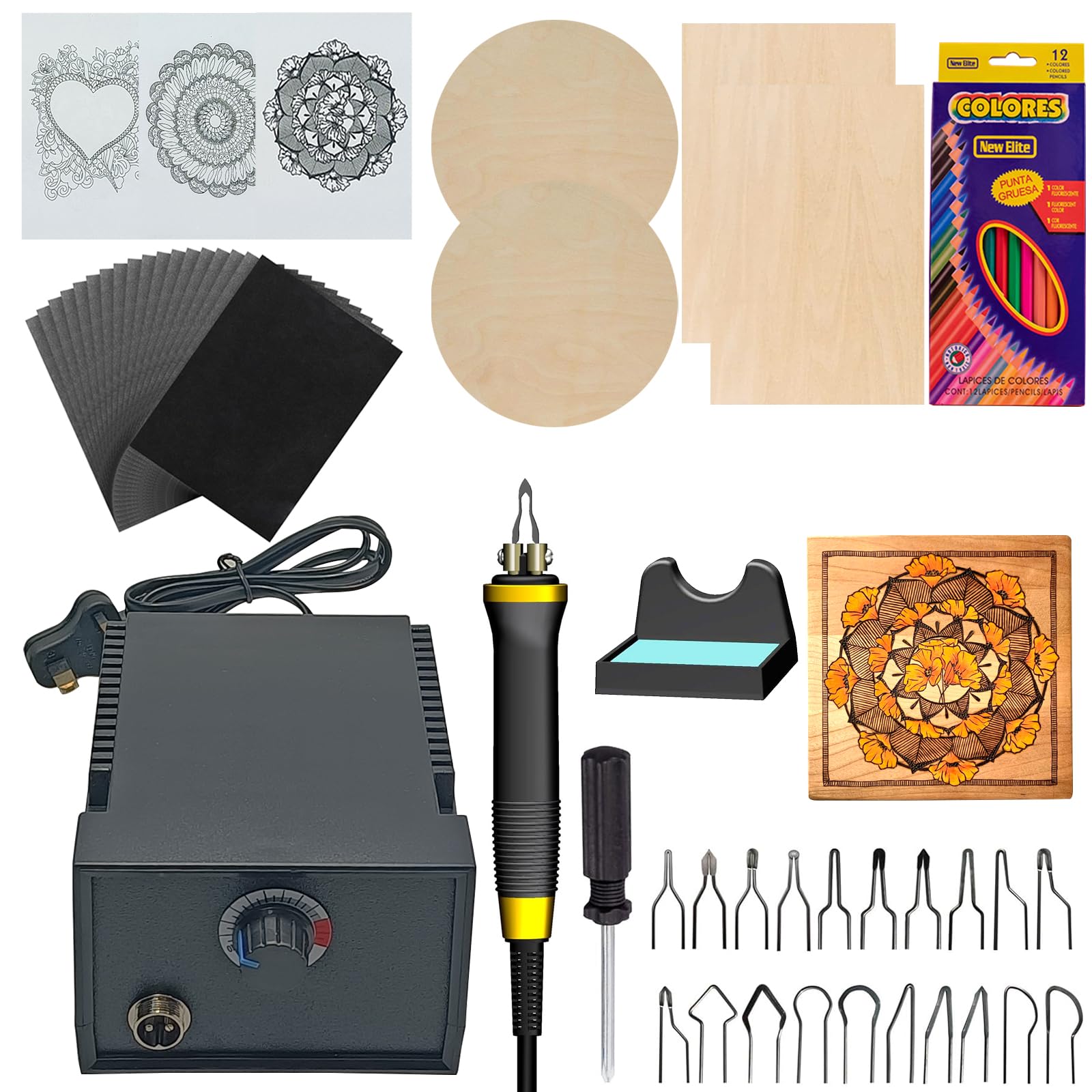 selliner Wood Burning Kit,60W Pyrography Wood Burning Tool Set,Pyrography Machine with Pen and 20 Wire Tips, 4 Pcs Basswood Sheet,Carbon Paper,Colouring Pencils ﻿