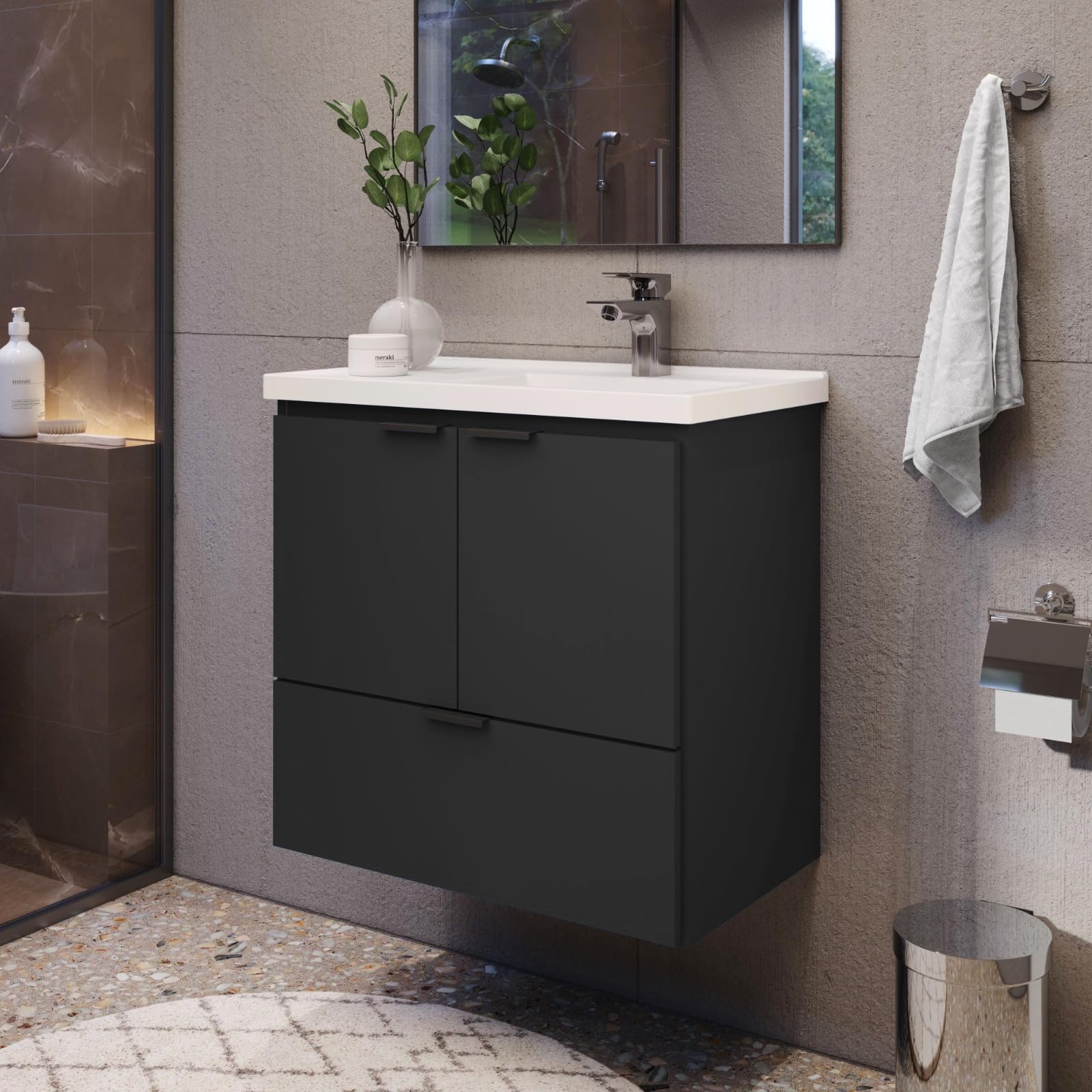 Photo 1 of COZIMAX Vanity Soul 24" Floating Bathroom Vanity and Cultured Marble Sink with Soft Close Door (Black)