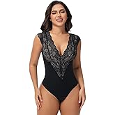 SHAPERIN Sexy Lace Bodysuit for Women Tummy Control Thong Shapewear Deep V Neck Body Suits Corset Tops Going Out Tank Top
