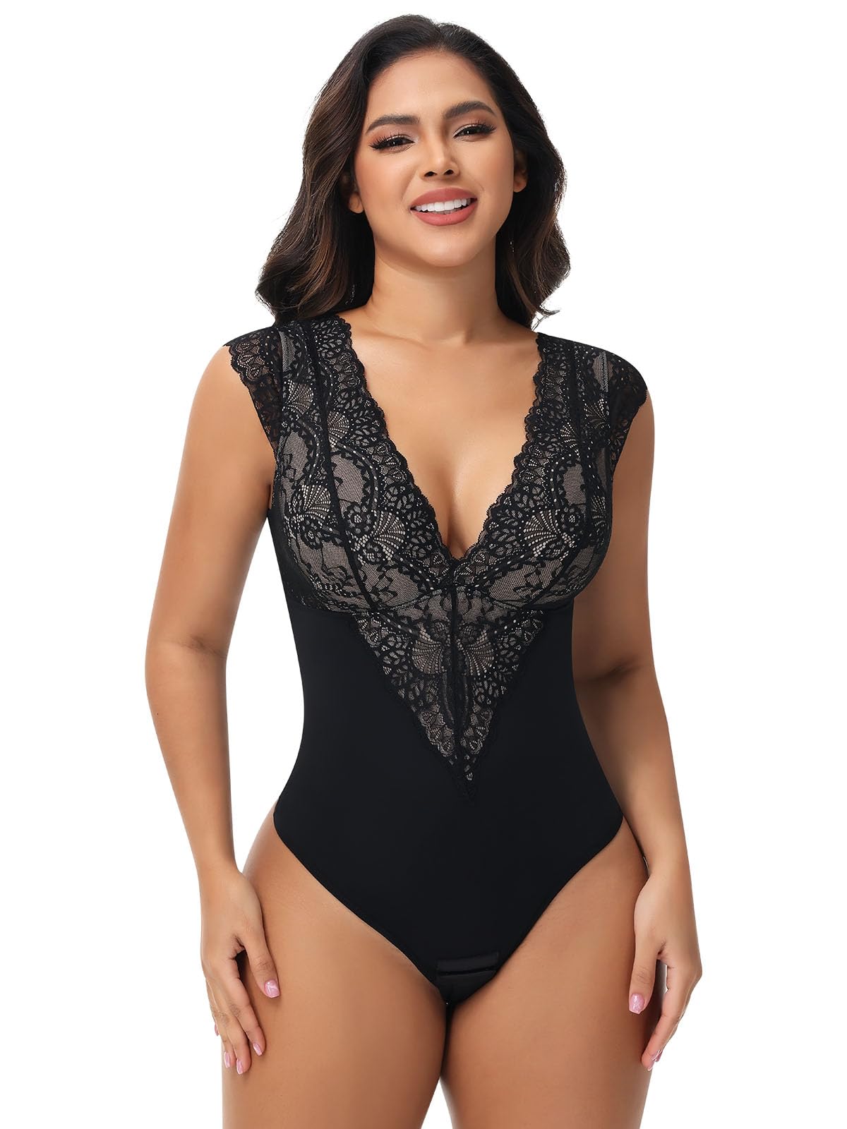 Photo 1 of SHAPERIN Sexy Lace Bodysuit for Women Tummy Control Thong Shapewear Deep V Neck Body Suits Corset Tops Going Out Tank Top Black XL