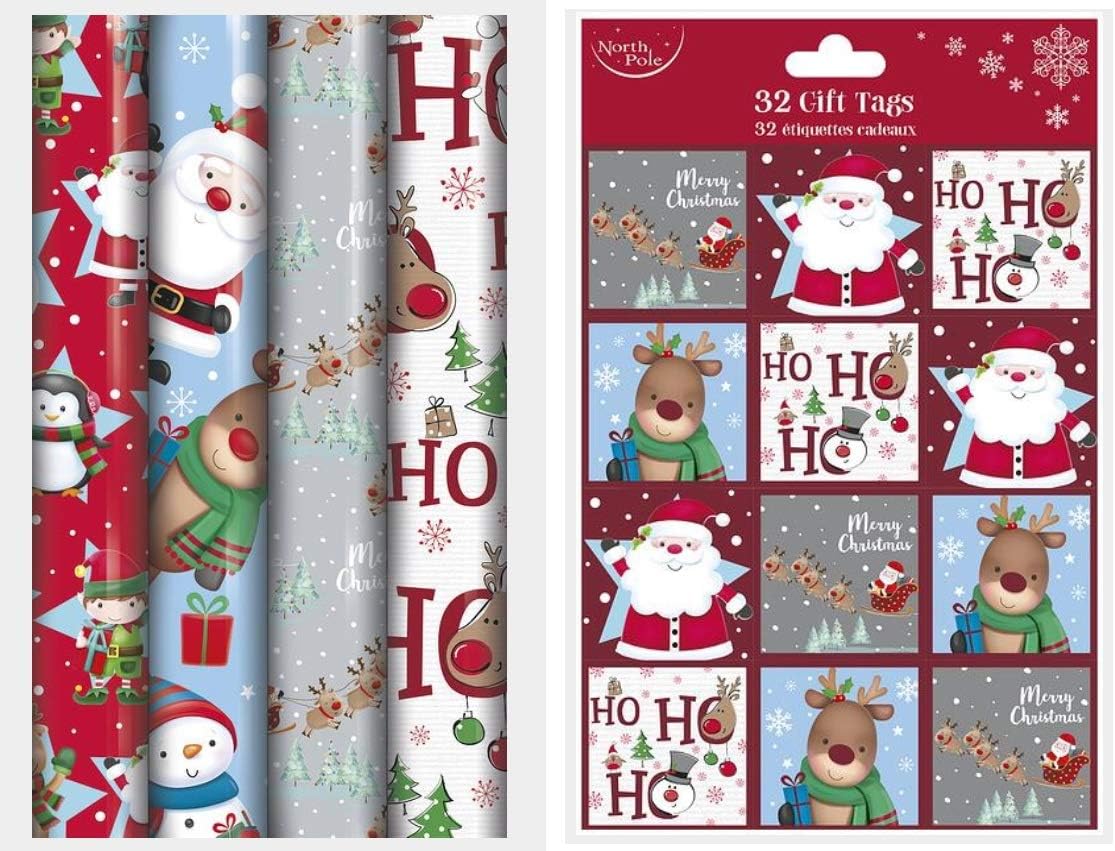 4 x 8M Rolls Of Cute Christmas Character Wrapping Paper + 32 Matching Gift Tags Amazon.co.uk