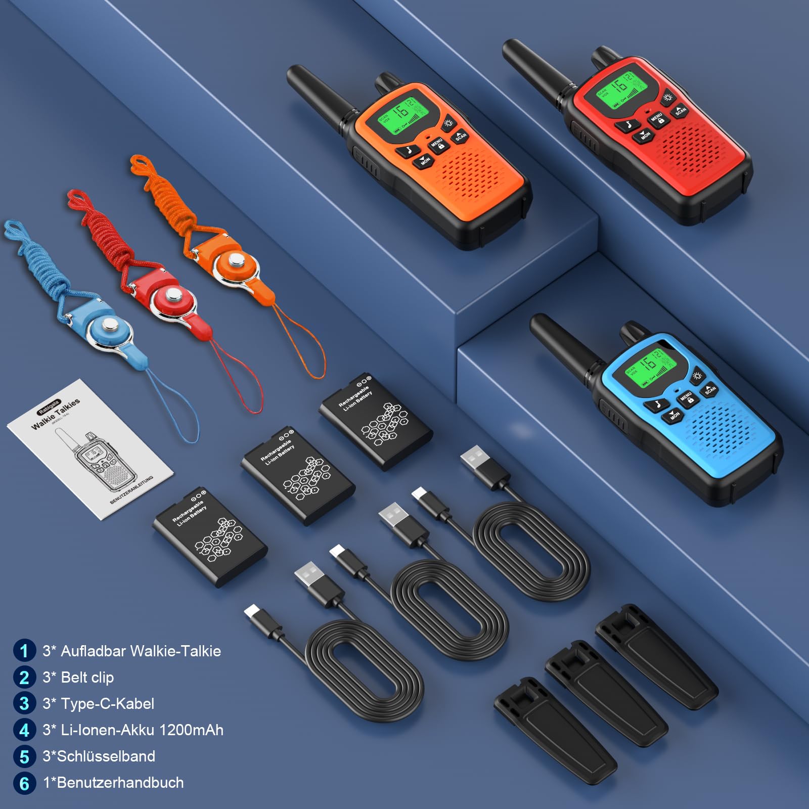 Walkie Talkie 3er Set Kinder Aufladbar, Rabigala Funkgeräte mit 5km großer Reichweite für Erwachsene, Li-ion Akku, VOX Freisprecheinrichtung, Taschenlampe LED, LCD 7