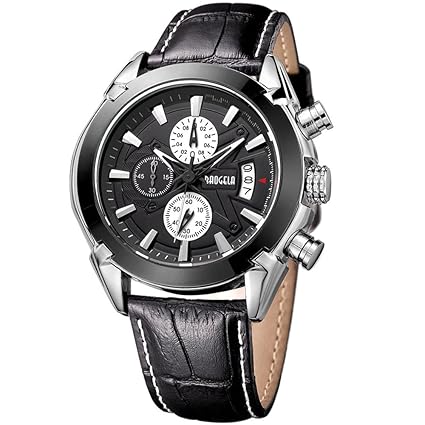MEGIR Mens Sport Watches Black Leather Strap Chronograph Date Quartz Wrist Watch