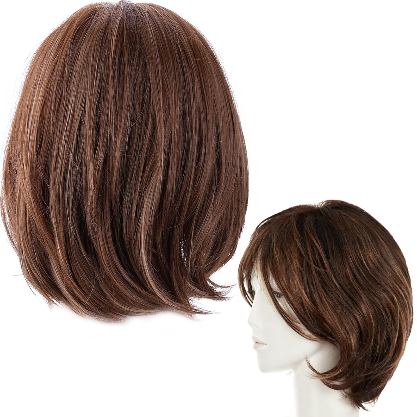 Women Short Wig, Short Brown Straight Synthetic Hair Heat Resistant Shoulder Length Highlight Bob Hair Wig with Side Fringe for Women and Girls Daily Use, Party, Cosplay