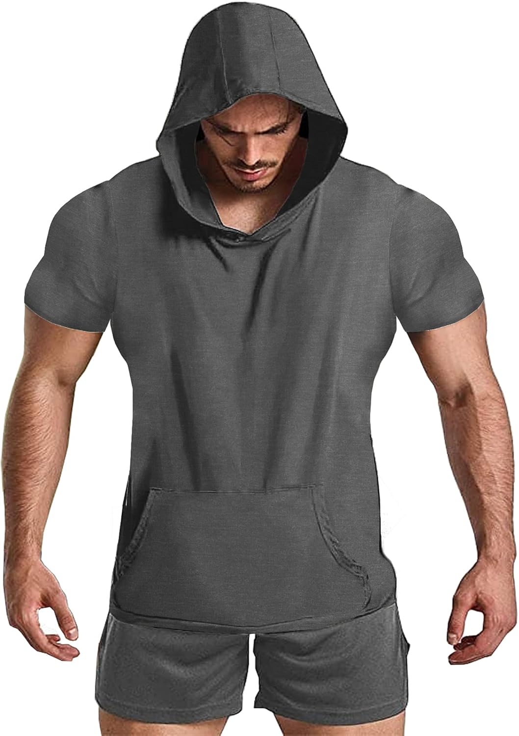 URRU Men's Workout Hoodie Tank Tops Short Sleeve Shirts Gym Fitness Stringers with Kanga Pocket Pockets S-XXL: Clothing
