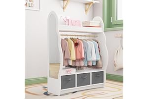 HedoAjim Kids Dress Up Storage Rack Mirror Wood Child Wardrobe 2 Hooks 2 Fabric Bins Toddler Closet Girls Boys Open Hanging Armoire Storage Shelf Coat Costume Hat Shoe (Cloud+White+Three Drawers)