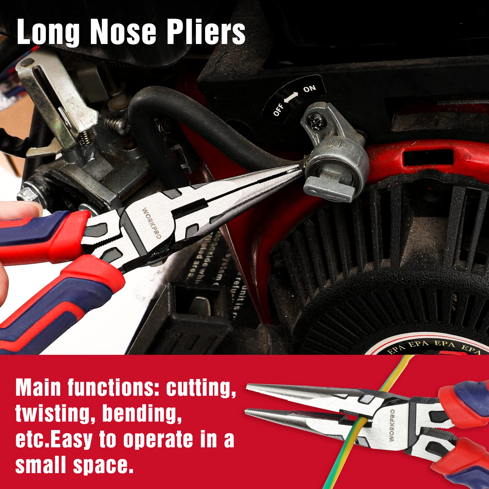 WORKPRO 4-Piece Pliers Set - Premium CR-V Construction Tool Set Including Long Nose, Diagonal Cutting, Groove Joint and Slip Joint Pliers - Red