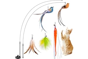 JXFUKAL Cat Feather Toys, Interactive Cat Toy with Super Suction Cup, 2PCS Springy Cat Wand & 5PCS Teaser Refills Replacement with Bells, Kitty Kitten Toys Cat Spring String Toy Cat Accessories