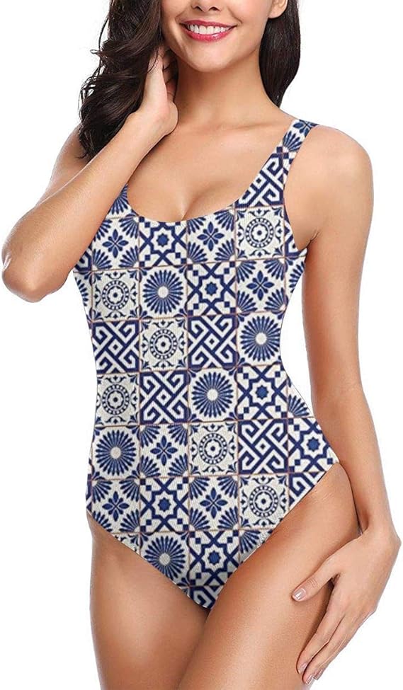 Amazon モダンな色合いのモロッコタイルの古いオスマンスタイルに触発されたミックスアートワークプリント女性ワンピース水着低襟水着 ビキニ セパレーツ 通販