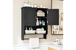 Mino Kesper Black Bathroom Wall Cabinet with Towel Bar, Over The Toilet Wall Storage Cabinet with Doors and Shelves, Bathroom Wall Mounted Storage Cabinet