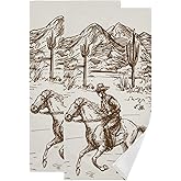 YOCIBIUT Western Cowboy Hand Towels for Bathroom Set of 2,Absorbent Microfiber American Cowboy Riding Horse Cactus Desert Kitchen Towels 14"x28",Decorative Farmhouse Bathroom Towels for Bath,Shower