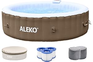 ALEKO Inflatable Hot Tub Spa with 1200W Heater & 130 Bubble Jets - Portable Hot Tub with Digital Controls, Filter Pump & Cover - Brown & White, 265 Gal - 6 Person (Round)