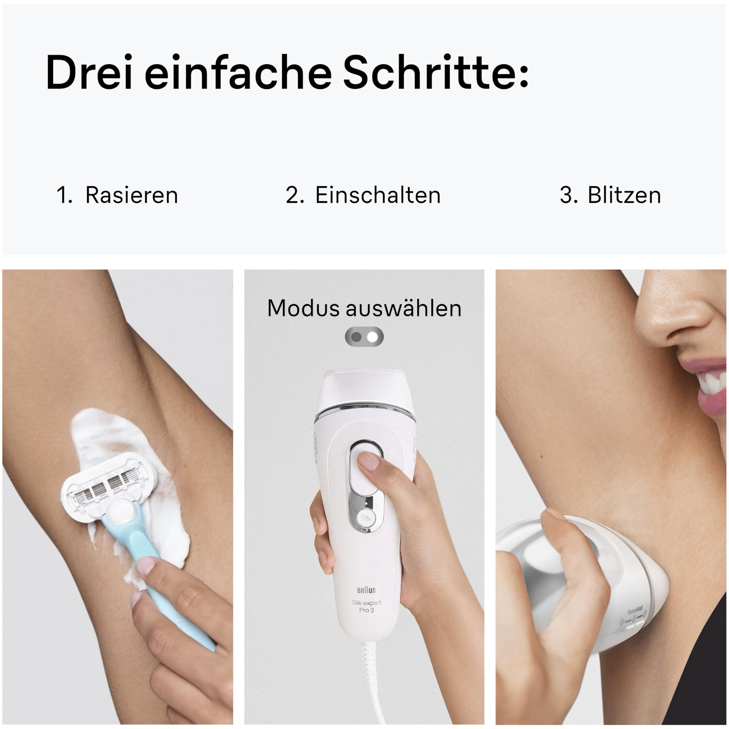 Braun IPL Geräte Haarentfernung Silk·expert Pro 3 – Dauerhafte und Schmerzfreie Haarentfernung für Zuhause – Inkl. Aufbewahrungstasche, Gillette Venus Rasierer und 3 Aufsätze – PL3222, Weiß/Silber 5