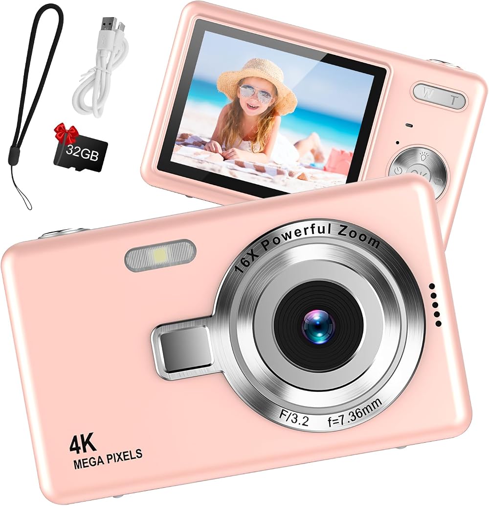 Taichaeu Digital Camera 1080P FHD 44MP 2.4 inch LCD 16X Zoom Pink