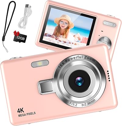 Taichaeu Digital Camera 1080P FHD 44MP 2.4 inch LCD 16X Zoom Pink