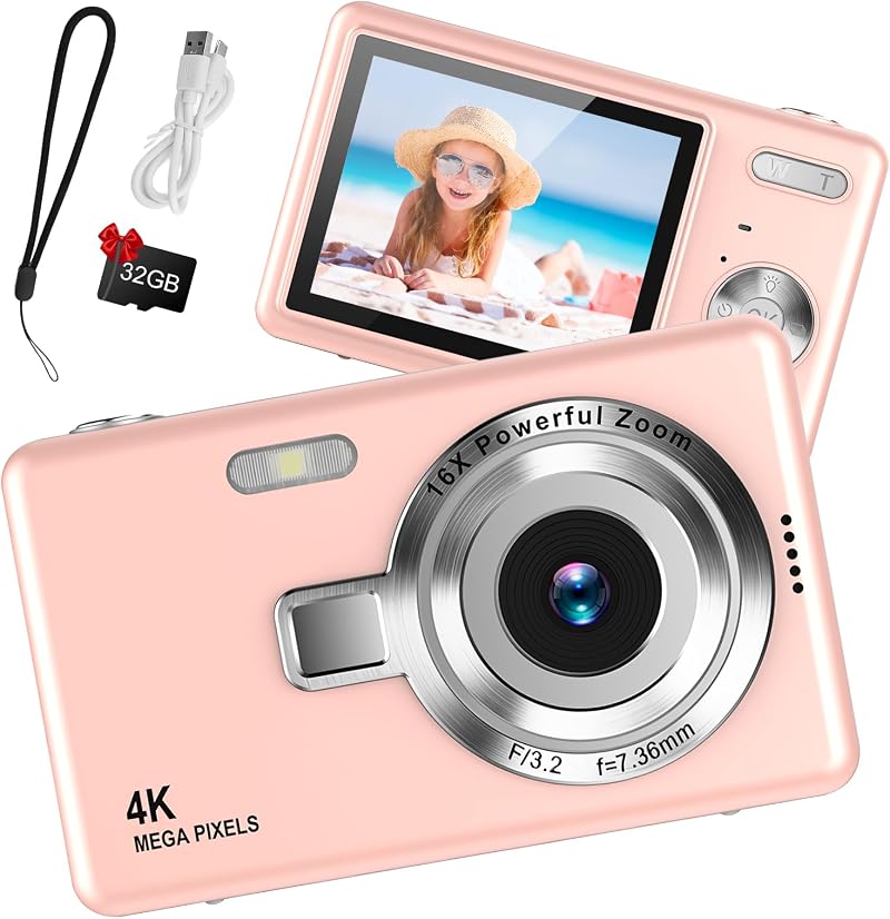 Taichaeu Digital Camera 1080P FHD 44MP 2.4 inch LCD 16X Zoom Pink