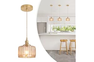 Shenmoyl Pendant Light with Amber Striped Glass Lmapshade, Brass Vintage Pendant Light Adjustable Hanging Light for Kitchen Island Dining Room Hallway