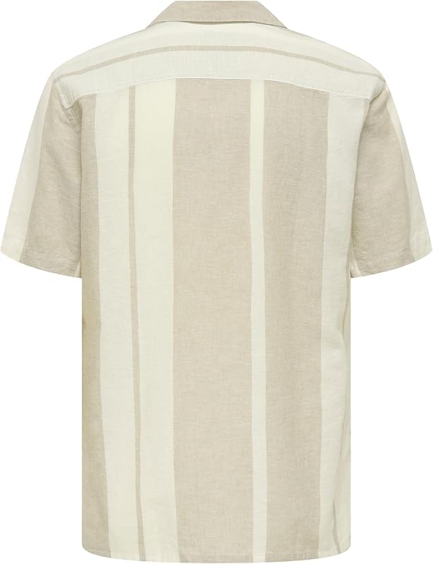Camisa Hombre Manga Corta Cuello Resort Botones Lino Top Verano, Color:Caqui, Talla:M