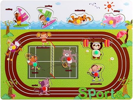 PIGLOO Wooden Knob Peg Puzzle Sports Theme - for Toddlers & Preschoolers
