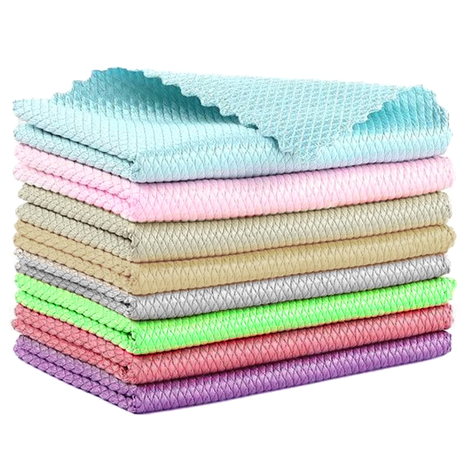 Cinvo 8Pcs Fish Scale Microfiber Rag Polishing Cleaning Cloth Lint Free Reusable Dish Towels Multi-Use Water Absorption Washcloths for Windows Cars Mirror Kitchen(5 Randorm Colors, 25x 25 cm)
