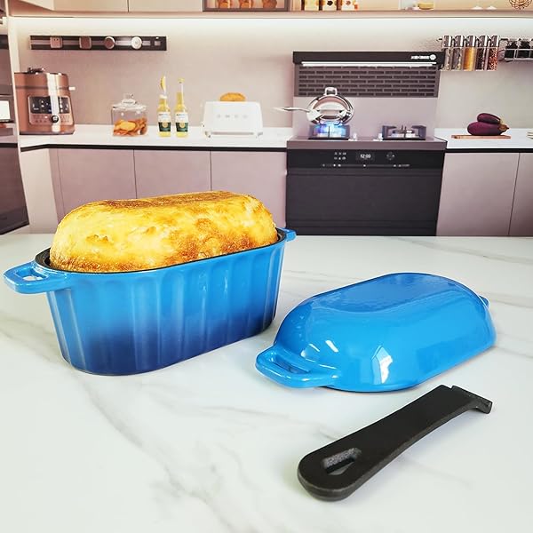 FANQIEW DUTCH OVEN ENAMELED CAST IRON BREAD PAN WITH LID SOURDOUGH LOAF PANS FOR BAKING BREAD LARGE HEAVY OVAL BREAD DUTCH OVEN WITH MOVABLE HANDLE 4 QT BLUE DISHWASHER SAFE