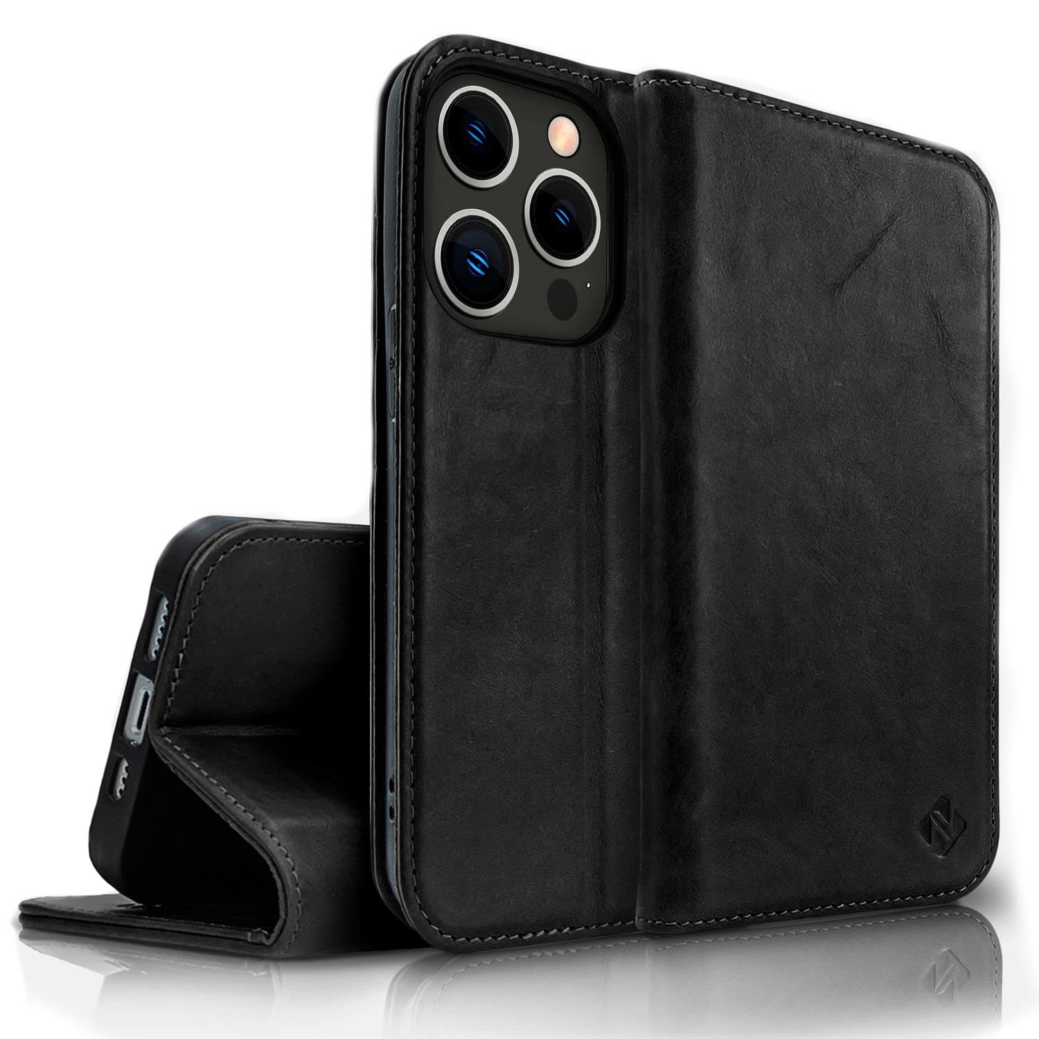 NALIA Genuine Leather Case for iPhone 14 Pro - RFID Wallet & Magnetic Closure - LEVANTO (Handmade Book Cover) - German Brand, Color:Black