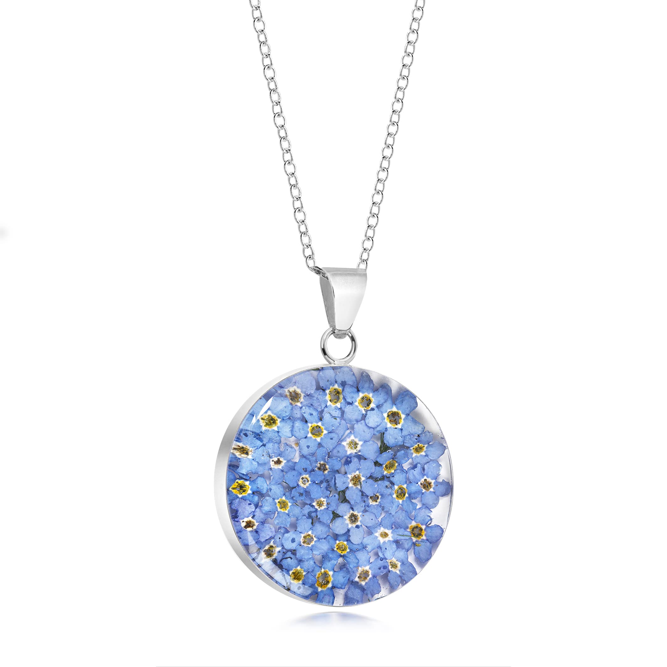 Natural Flower Jewellery Sterling Silver Large Round Pendant Made with Real Forget Me Nots …