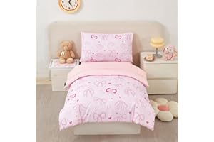 URBONUR 4 Piece Toddler Bedding Set - Soft and Breathable Crib Bedding Set for Girls, Includes Comforter, Fitted Sheet, Flat Top Sheet and Envelope Pillowcase, Pink Bow
