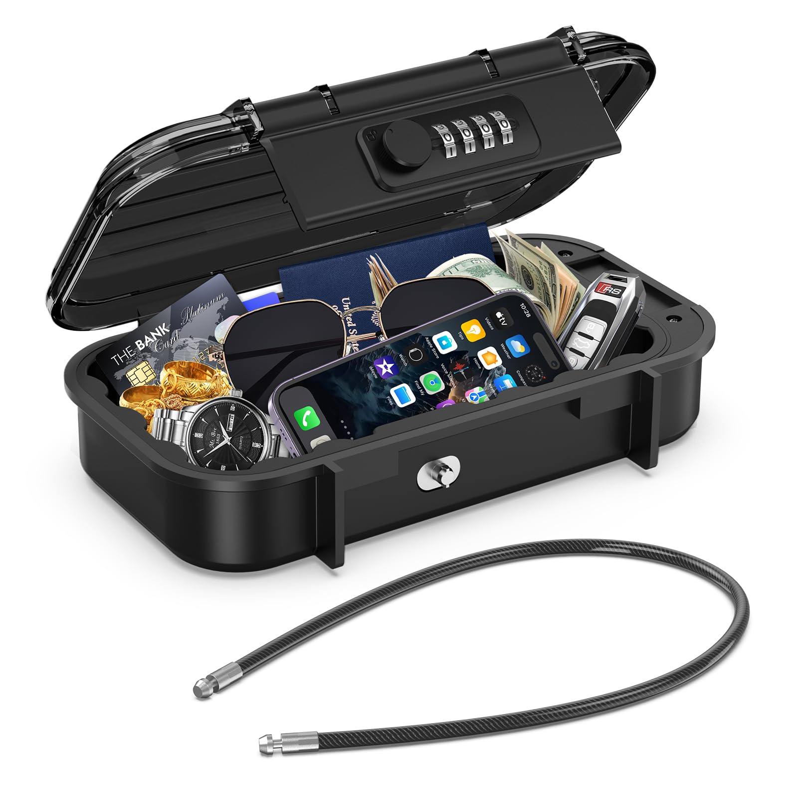 ORIA Portable Safe Box with Code, Waterproof Combination Security Case Lock Box with Rotary Switch, Outdoor Secure Key Storage with Removable Wire Rope, Anti-Theft Security Box for Hotel, Car, Home