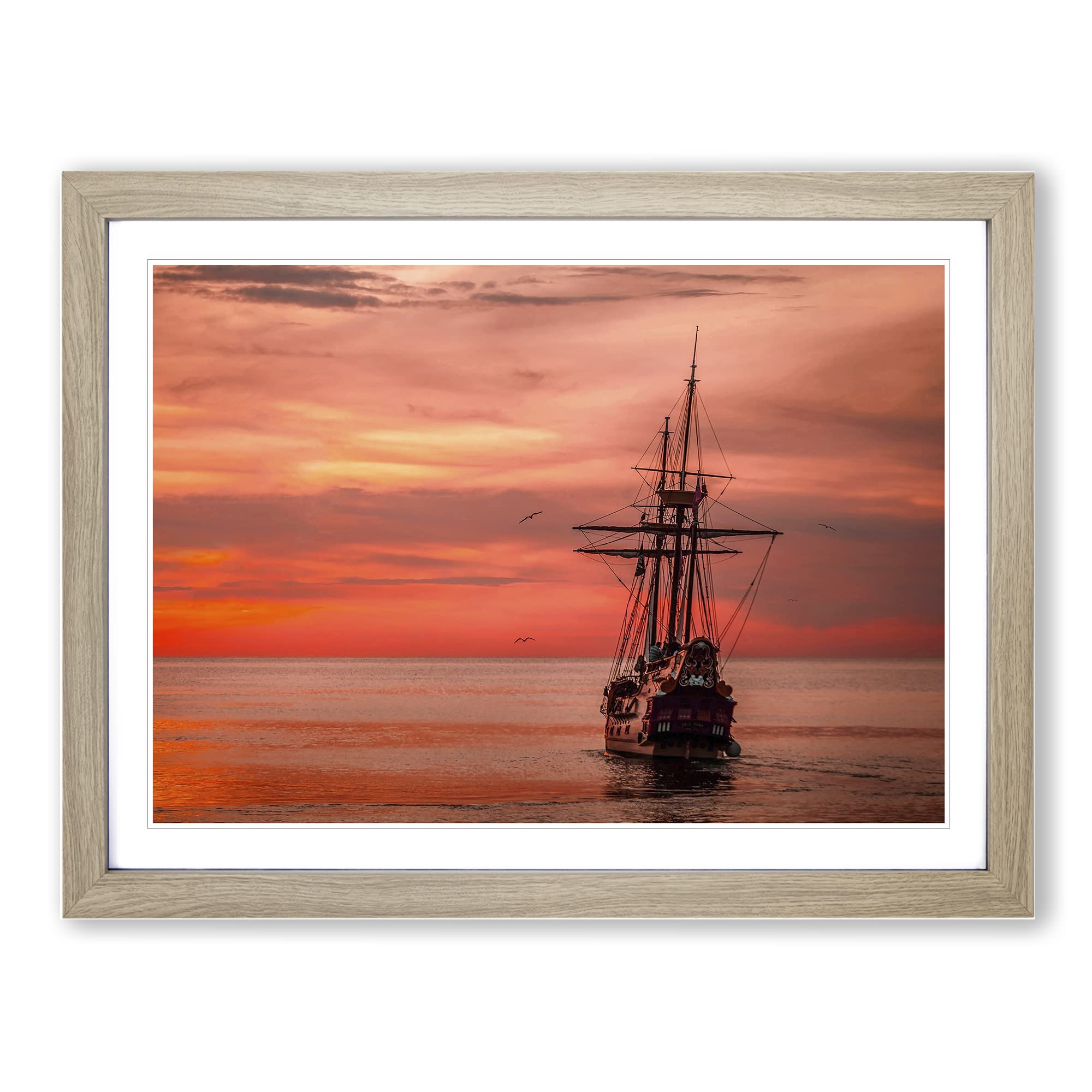 Sailing Ship Sunset No.2 Modern Framed Wall Art Print, Ready to Hang Picture for Living Room Bedroom Home Office Décor, Oak A4 (34 x 25 cm)