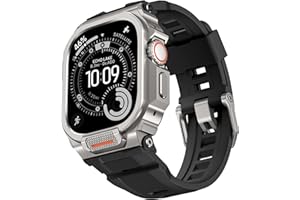 RAYCARREY Rugged Metal Band Compatible with Apple Watch Ultra 3/2/1 Band 49mm, Shockproof & Scratch Resistant Bumper with Silicone Sport Band for iWatch (Titanium Black, 49mm - Ultra 3/Ultra 2/Ultra)